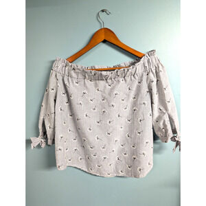 Love Notes Womens Blowing Dandelion Blue Ticking Shirt Off Shoulder Sz Large